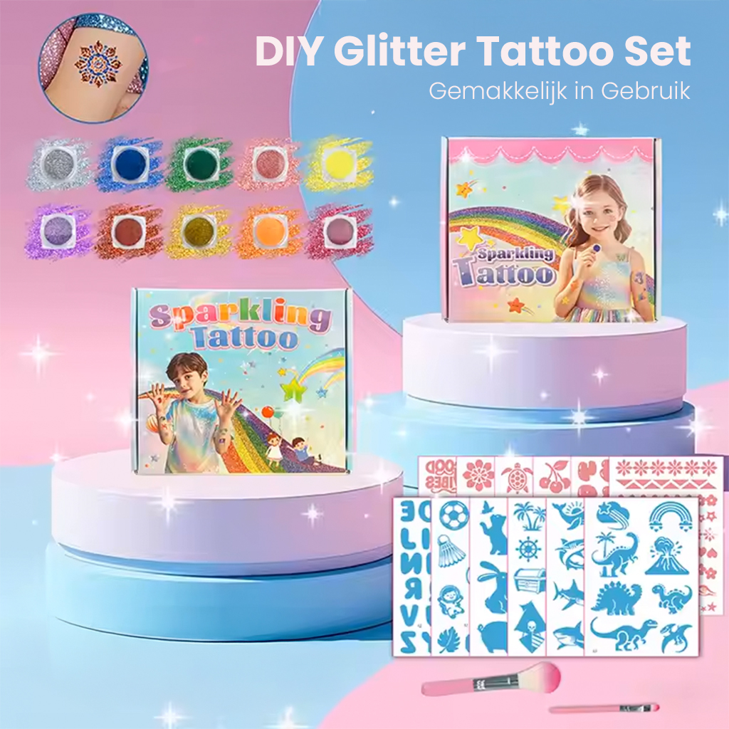 247Goods® - Glitter Tattoo Set - 6 Lijm Sticker Vellen - 10 Glitter Kleuren